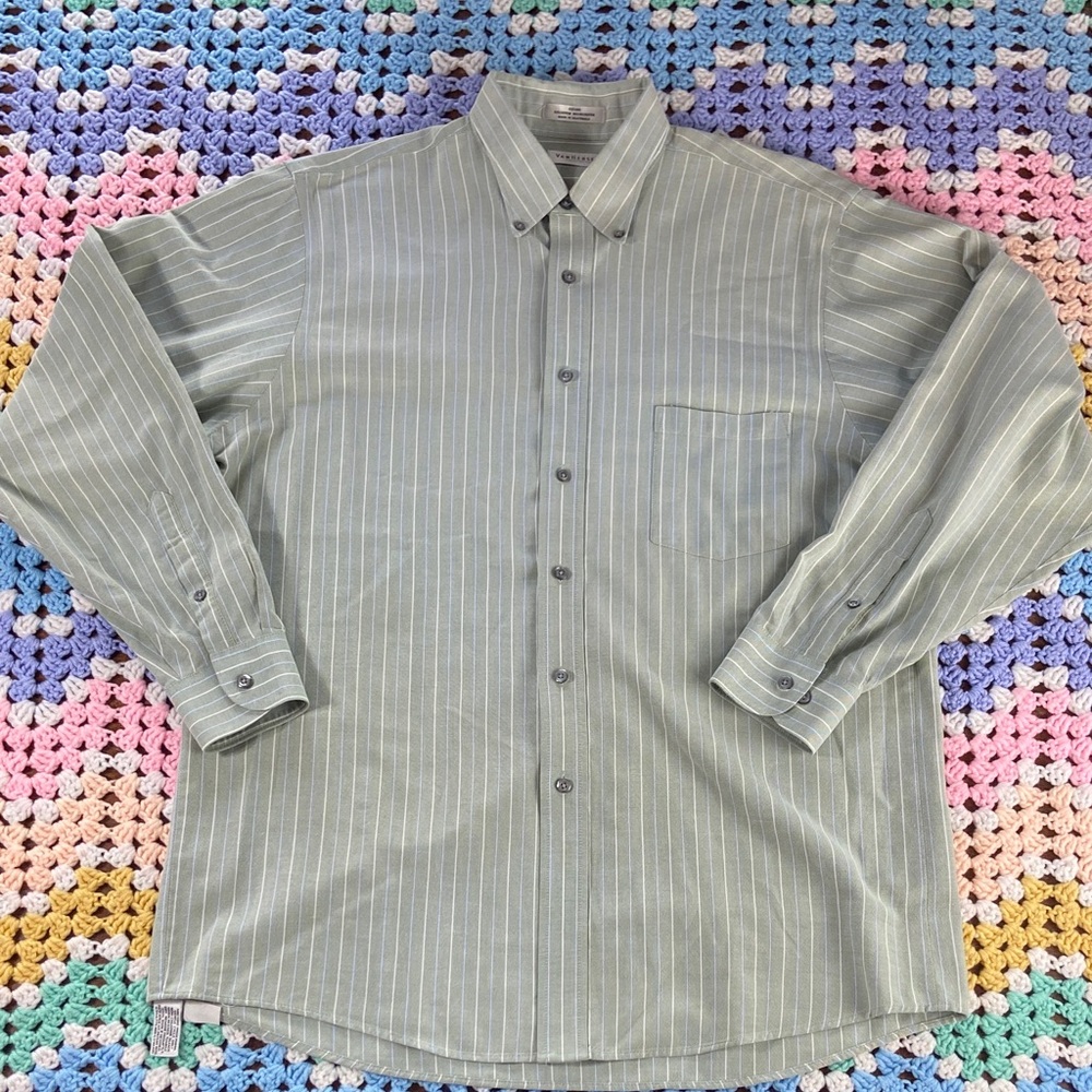 3/$12 Van Heusen Sage Striped Button Down Long sleeve dress Shirt work 34/35 16.